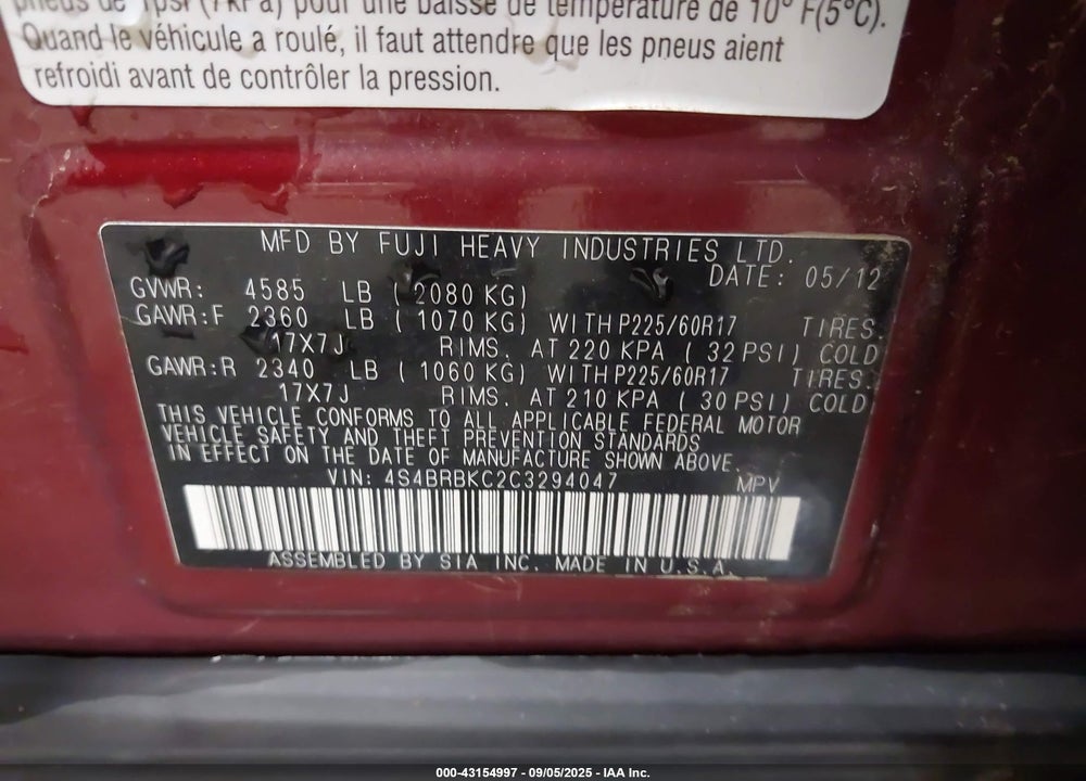 2012 SUBARU OUTBACK 2.5I LIMITED VIN: 4S4BRBKC2C3294047