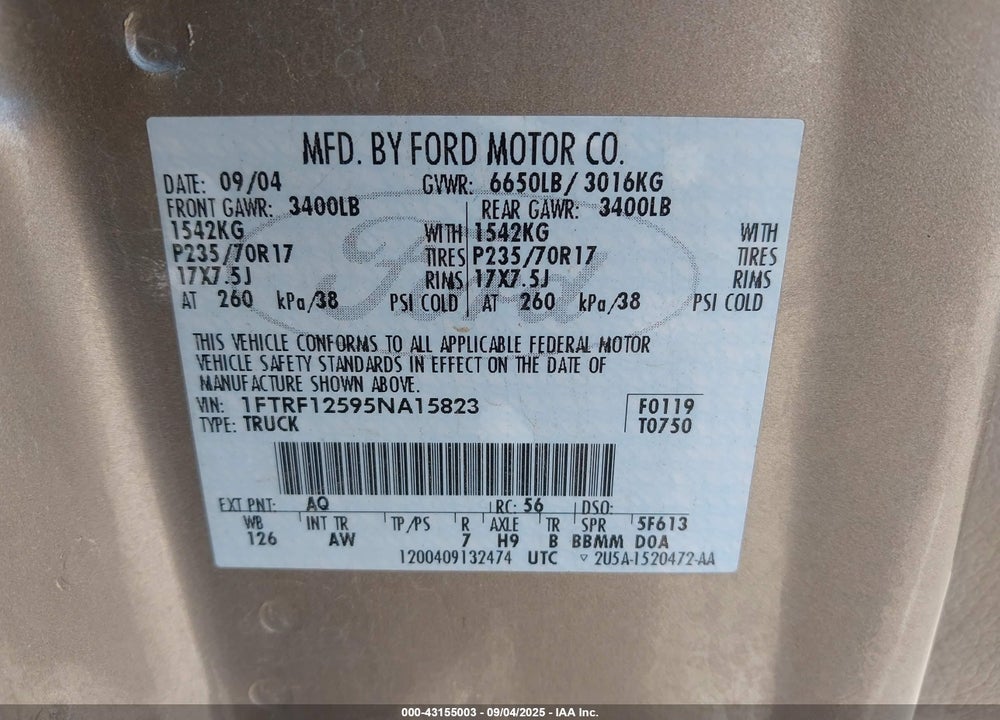 2005 FORD F-150 XL/XLT VIN: 1FTRF12595NA15823