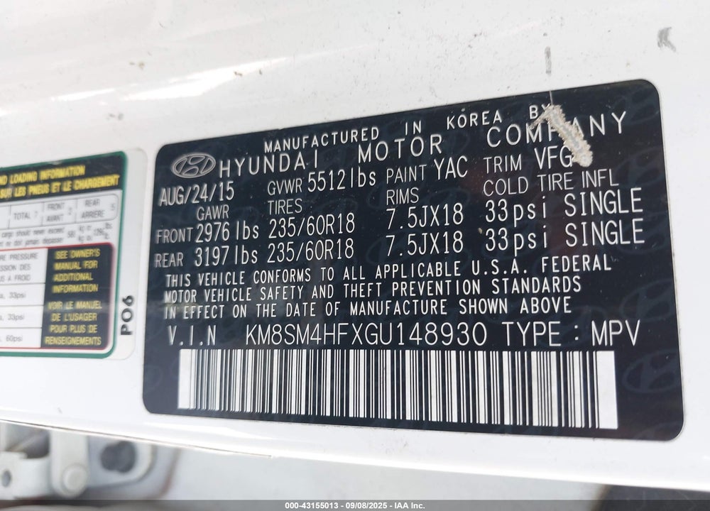 2016 HYUNDAI SANTA FE SE VIN: KM8SM4HFXGU148930