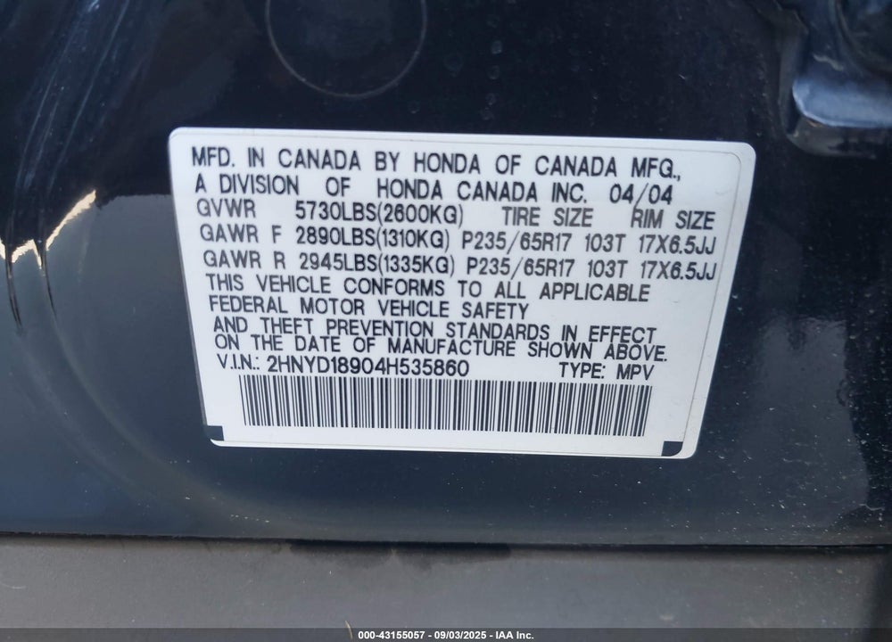 2004 ACURA MDX VIN: 2HNYD18904H535860