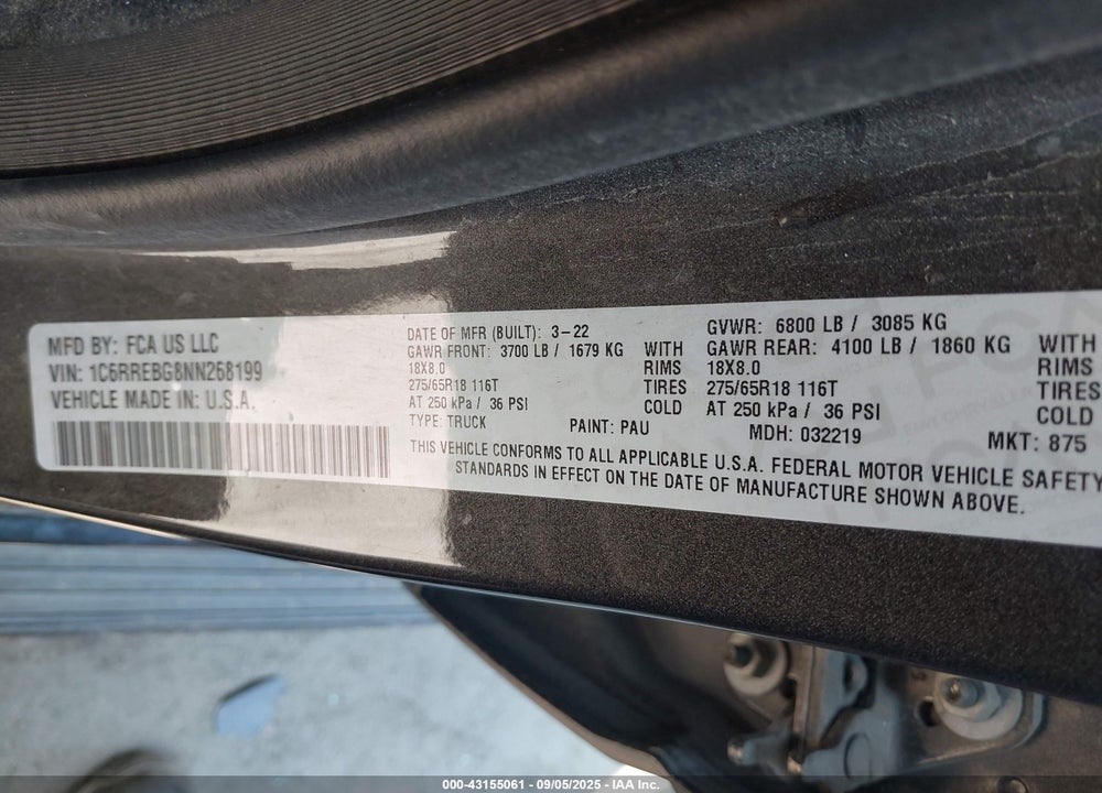 2022 RAM 1500 VIN: 1C6RREBG8NN268199