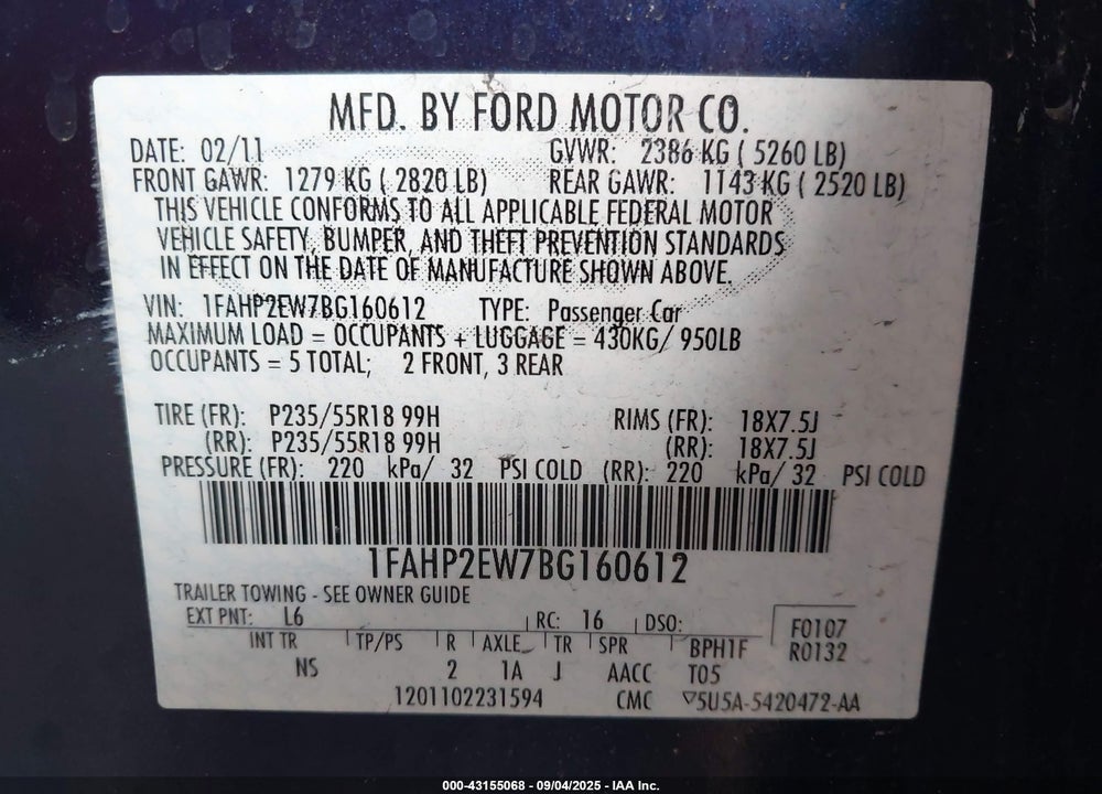 2011 FORD TAURUS VIN: 1FAHP2EW7BG160612