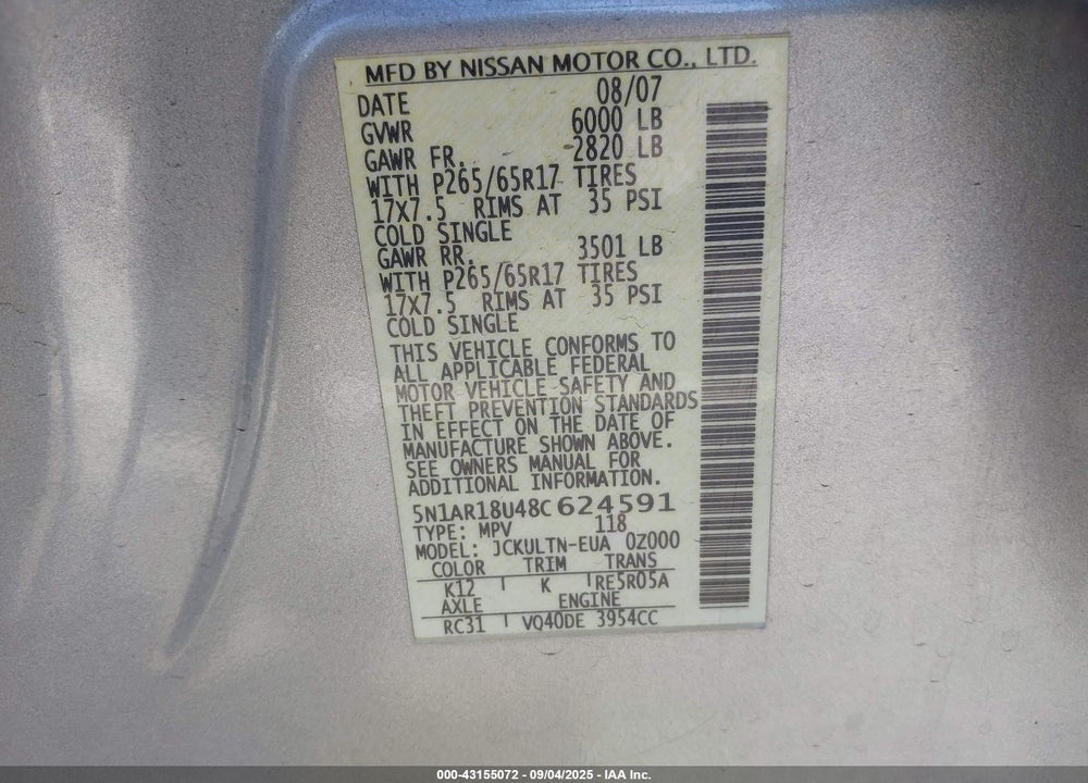 2008 NISSAN PATHFINDER SE VIN: 5N1AR18U48C624591