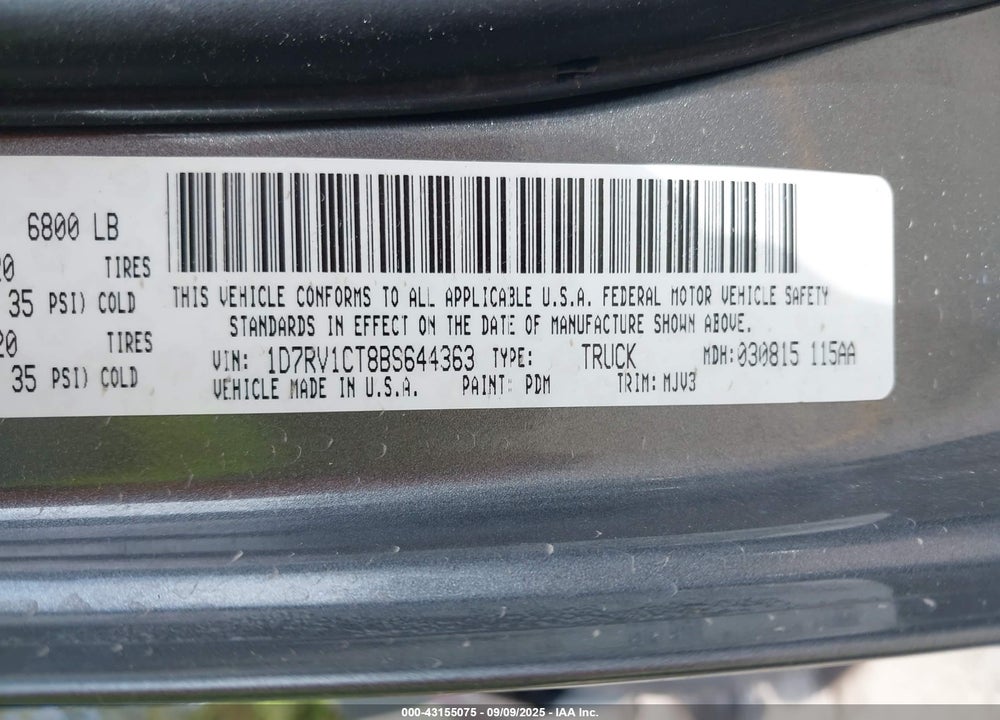 2011 RAM 1500 VIN: 1D7RV1CT8BS644363