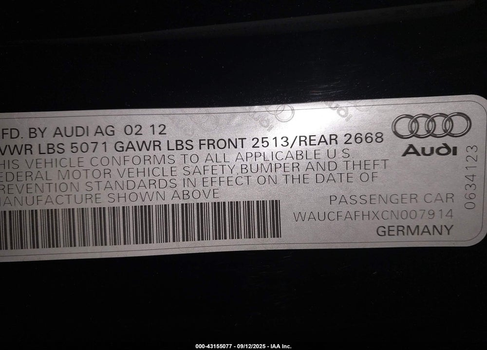 2012 AUDI A5 VIN: WAUCFAFHXCN007914