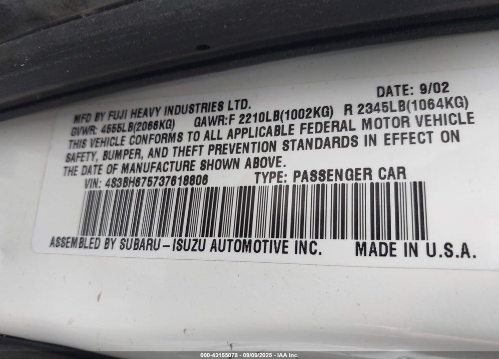 2003 SUBARU OUTBACK VIN: 4S3BH675737618806