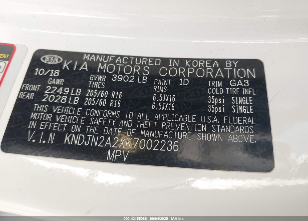 2019 KIA SOUL VIN: KNDJN2A2XK7002236
