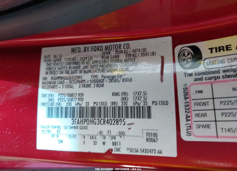 2012 FORD FUSION VIN: 3FAHP0HG3CR402895