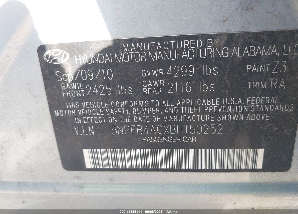 2011 HYUNDAI SONATA VIN: 5NPEB4ACXBH150252