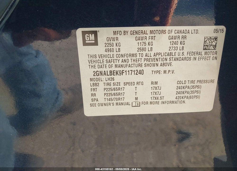 2015 CHEVROLET EQUINOX VIN: 2GNALBEK9F1171240
