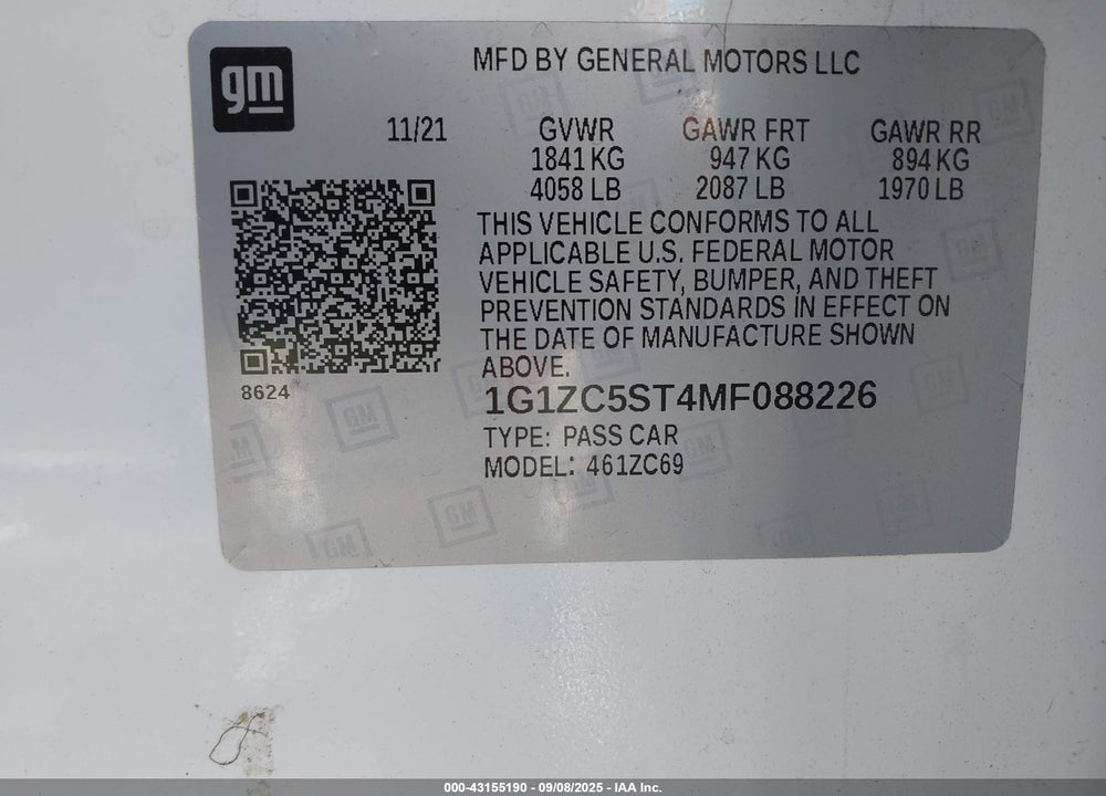 2021 CHEVROLET MALIBU FWD 1FL VIN: 1G1ZC5ST4MF088226