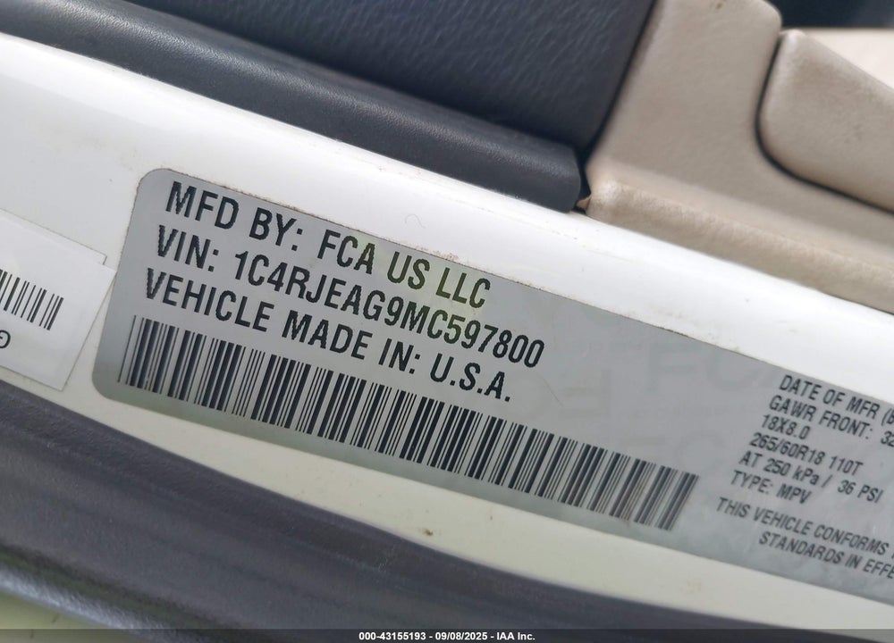 2021 JEEP GRAND CHEROKEE LAREDO E 4X2 VIN: 1C4RJEAG9MC597800