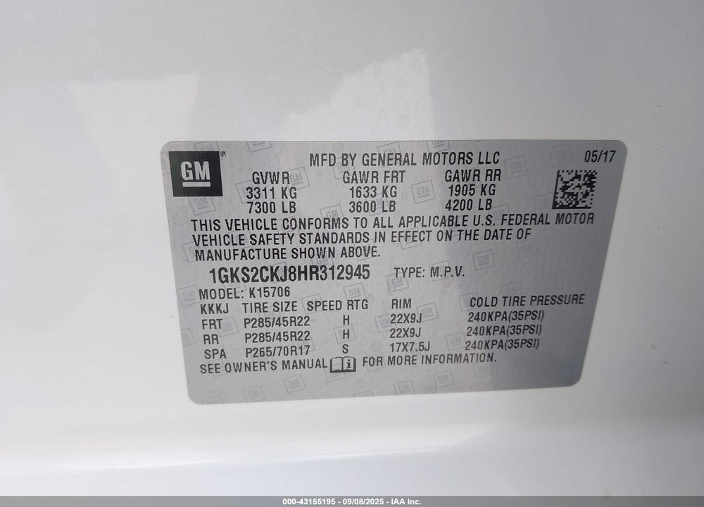 2017 GMC YUKON VIN: 1GKS2CKJ8HR312945