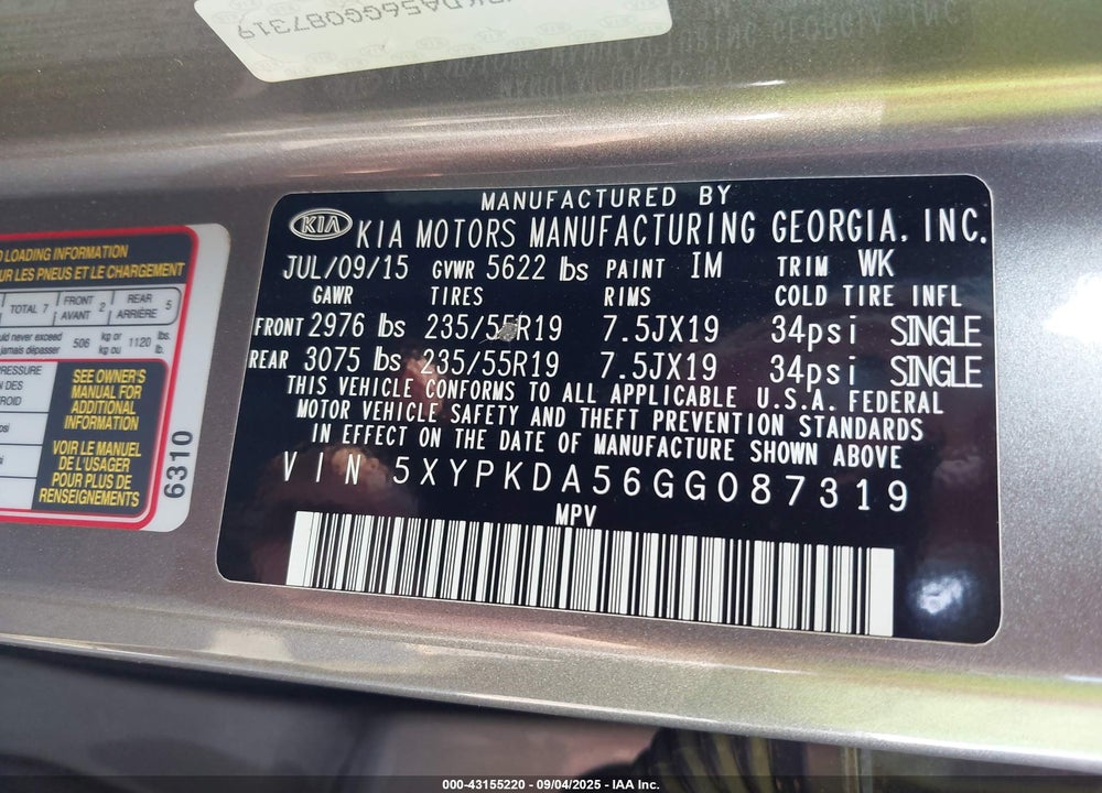 2016 KIA SORENTO 3.3L SX VIN: 5XYPKDA56GG087319