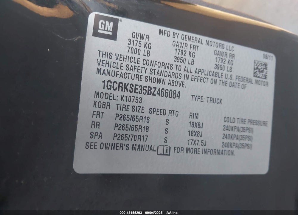 2011 CHEVROLET SILVERADO 1500 VIN: 1GCRKSE35BZ466084
