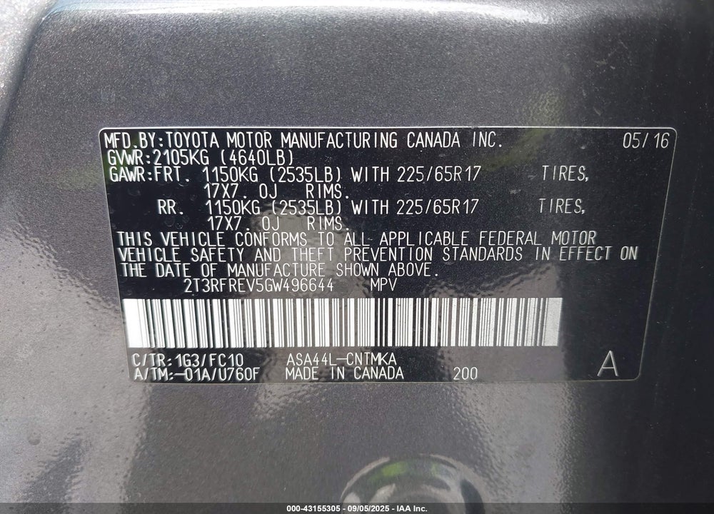 2016 TOYOTA RAV4 XLE VIN: 2T3RFREV5GW496644