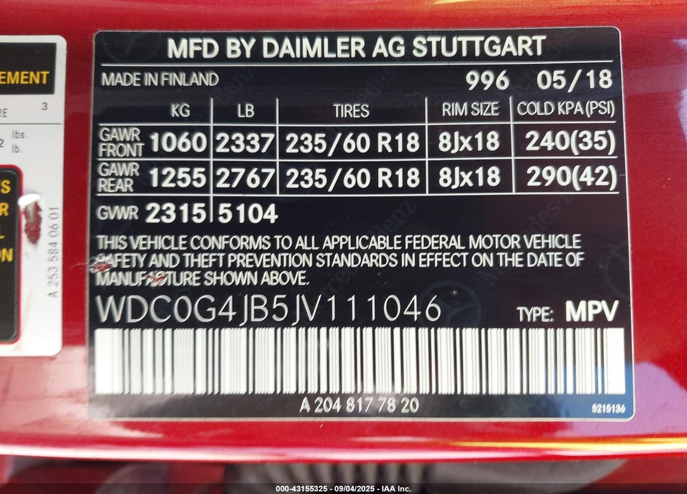 2018 MERCEDES-BENZ GLC CLASS VIN: WDC0G4JB5JV111046