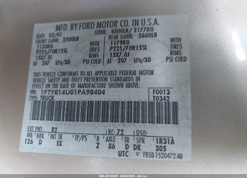 2001 FORD RANGER EDGE/XL/XLT VIN: 1FTYR14U01PA98404