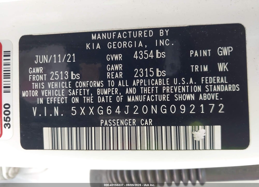 2022 KIA K5 VIN: 5XXG64J20NG092172