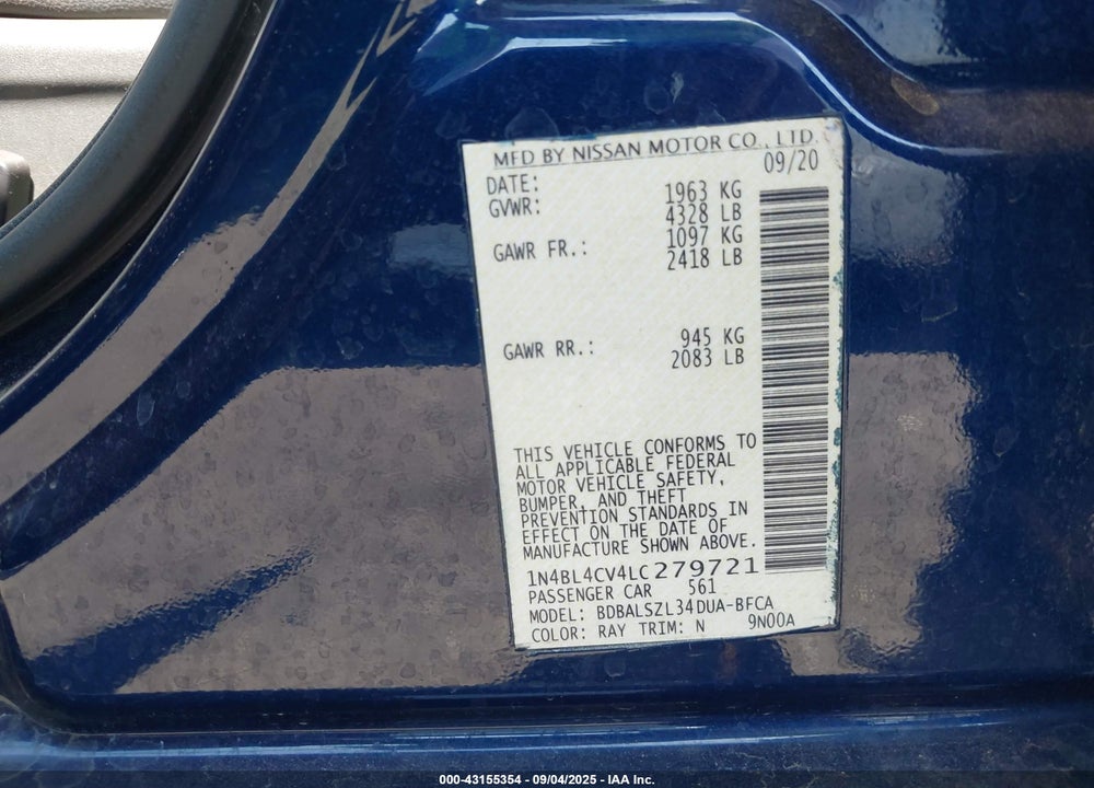 2020 NISSAN ALTIMA SR FWD VIN: 1N4BL4CV4LC279721