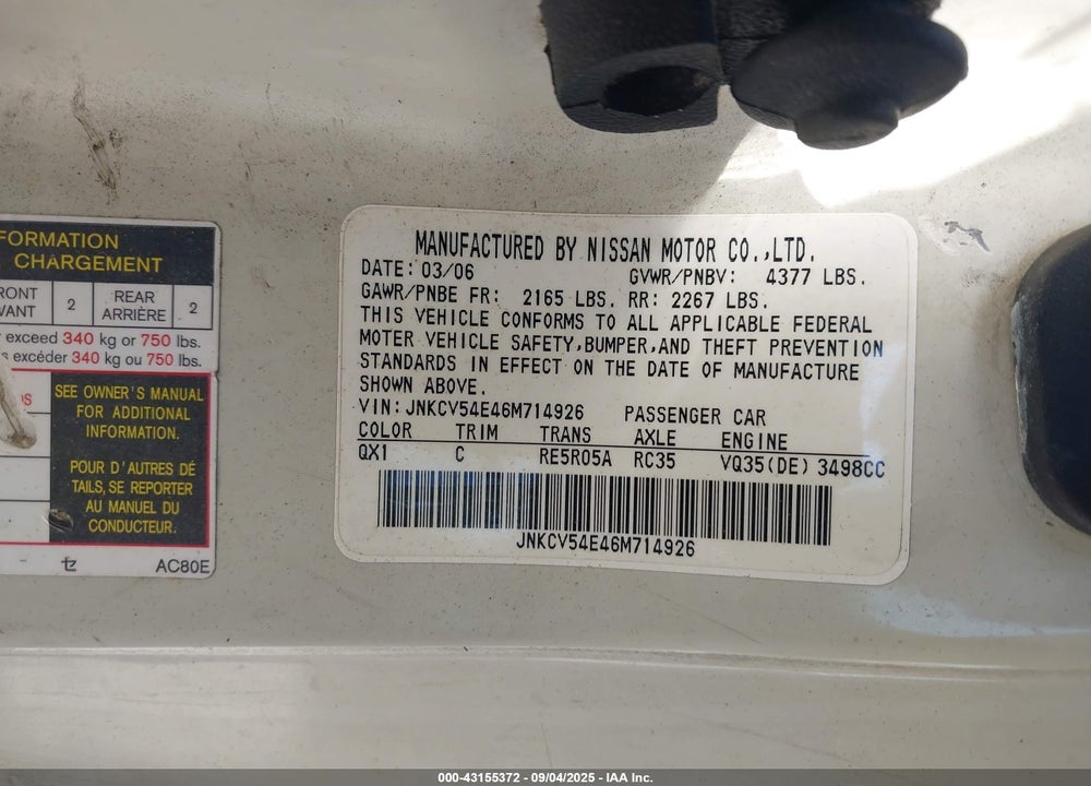 2006 INFINITI G35 VIN: JNKCV54E46M714926
