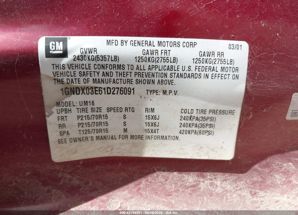 2001 CHEVROLET VENTURE LS VIN: 1GNDX03E61D276091