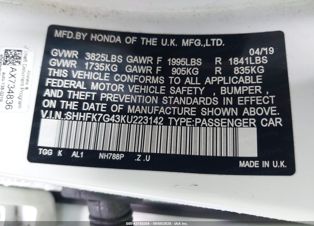 2019 HONDA CIVIC VIN: SHHFK7G43KU223142