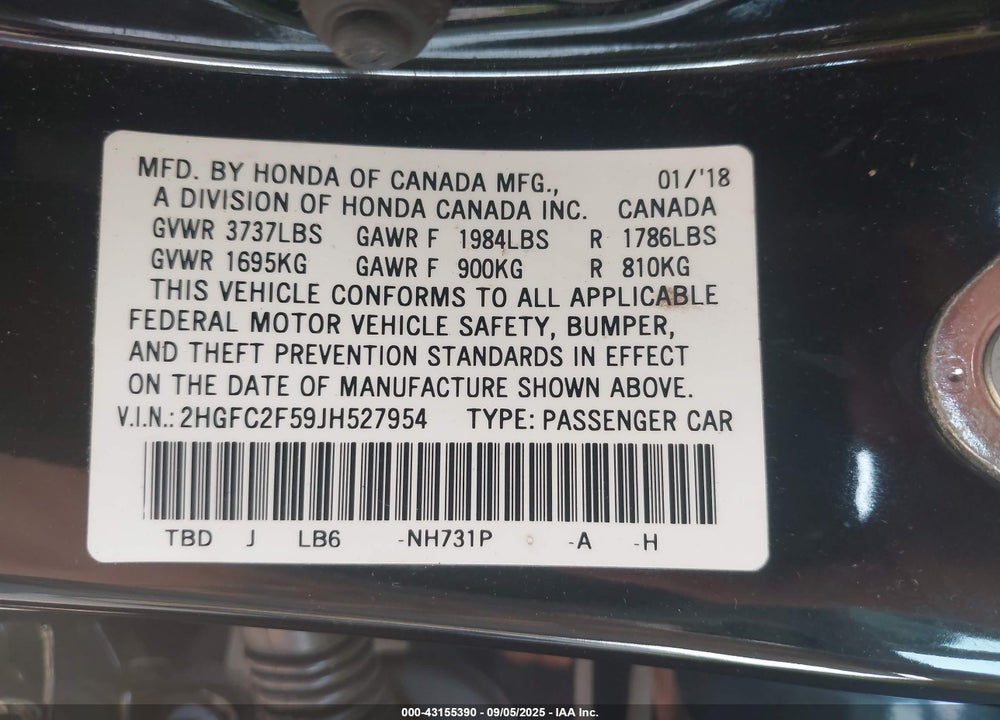 2018 HONDA CIVIC VIN: 2HGFC2F59JH527954