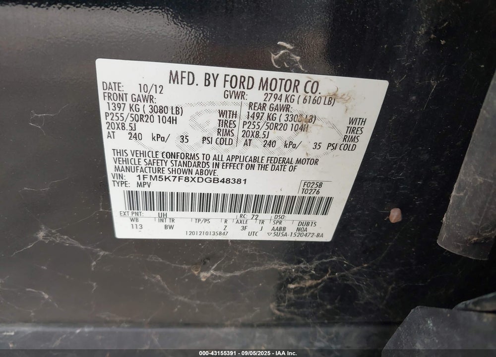 2013 FORD EXPLORER LIMITED VIN: 1FM5K7F8XDGB48381