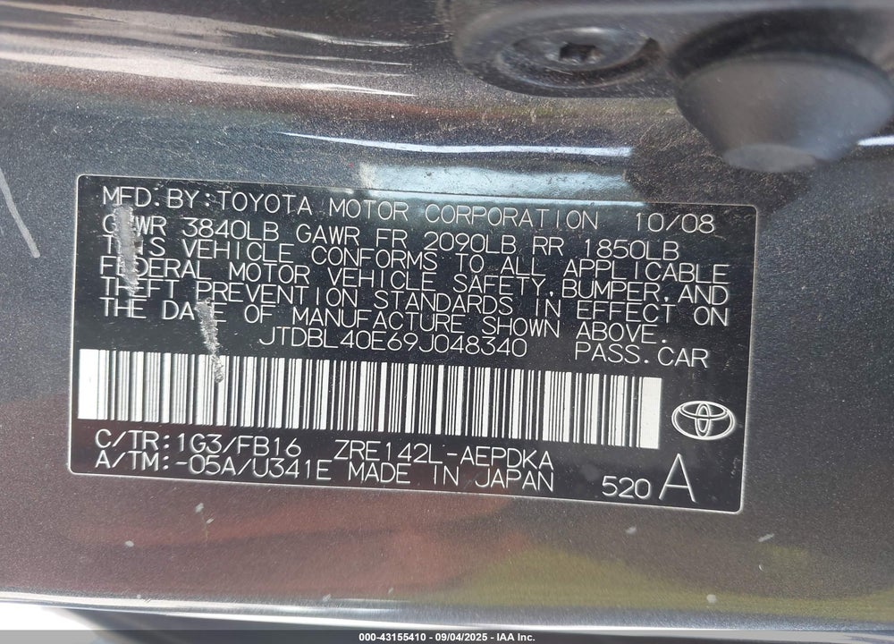 2009 TOYOTA COROLLA VIN: JTDBL40E69J048340