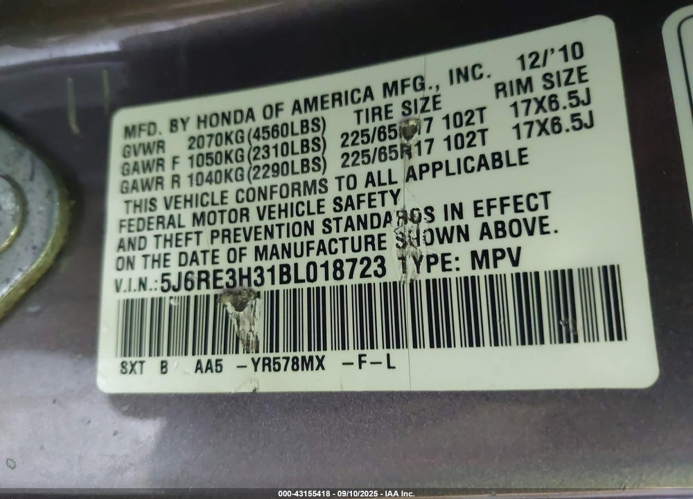 2011 HONDA CR-V LX VIN: 5J6RE3H31BL018723