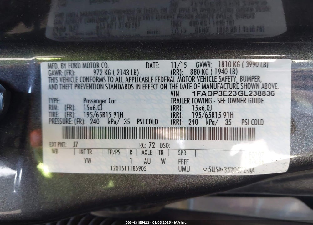 2016 FORD FOCUS VIN: 1FADP3E23GL238836