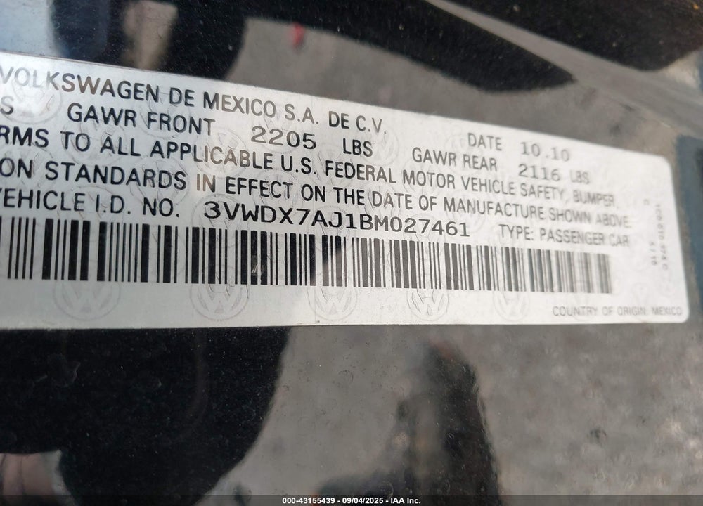2011 VOLKSWAGEN JETTA VIN: 3VWDX7AJ1BM027461