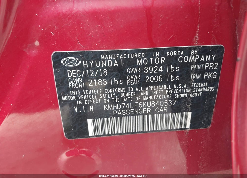 2019 HYUNDAI ELANTRA SE VIN: KMHD74LF6KU840537