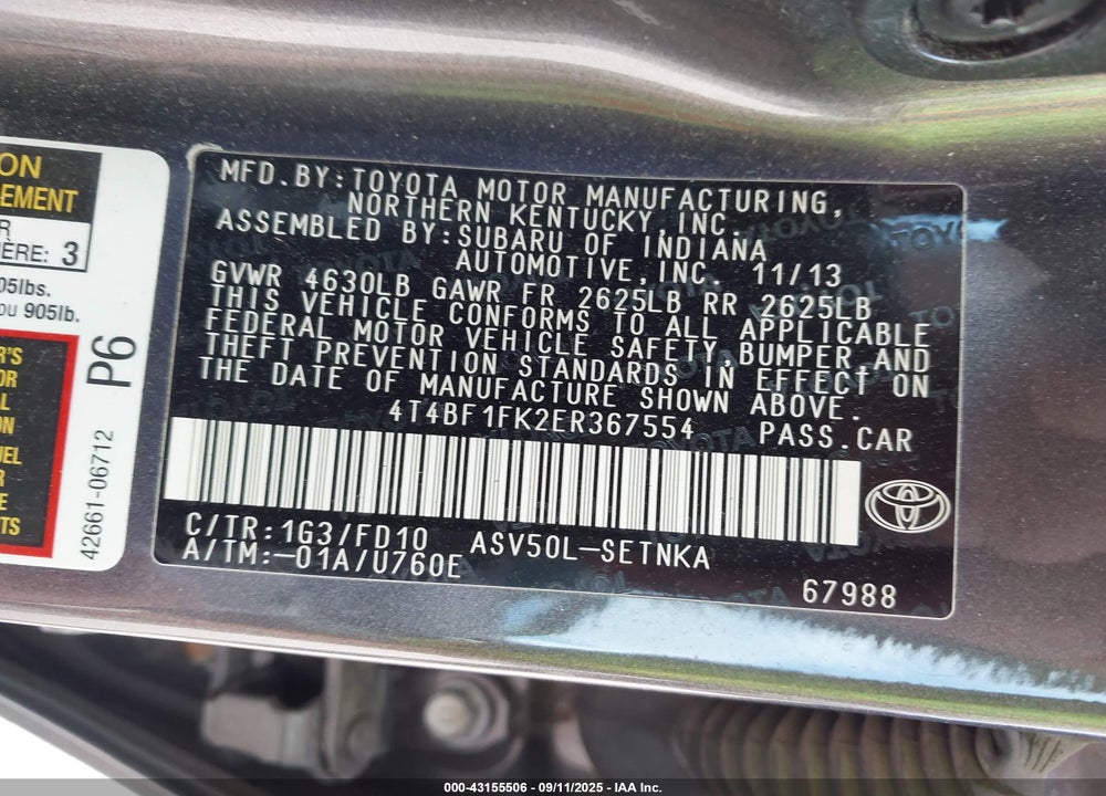 2014 TOYOTA CAMRY VIN: 4T4BF1FK2ER367554