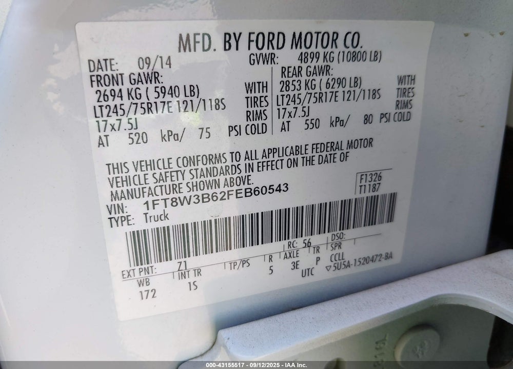 2015 FORD F-350 XL VIN: 1FT8W3B62FEB60543