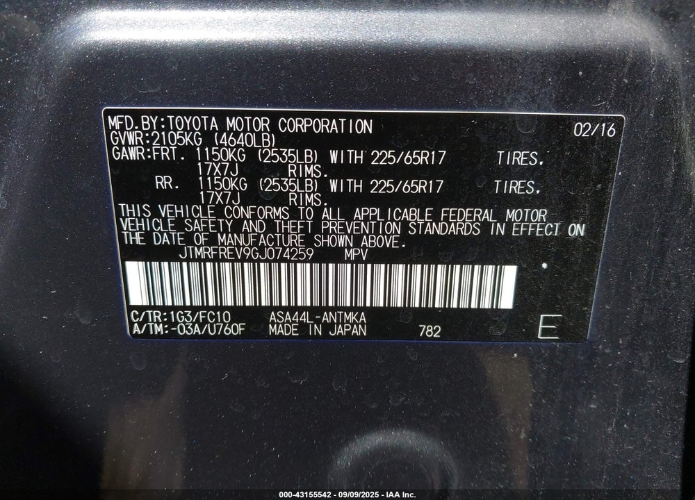 2016 TOYOTA RAV4 VIN: JTMRFREV9GJ074259