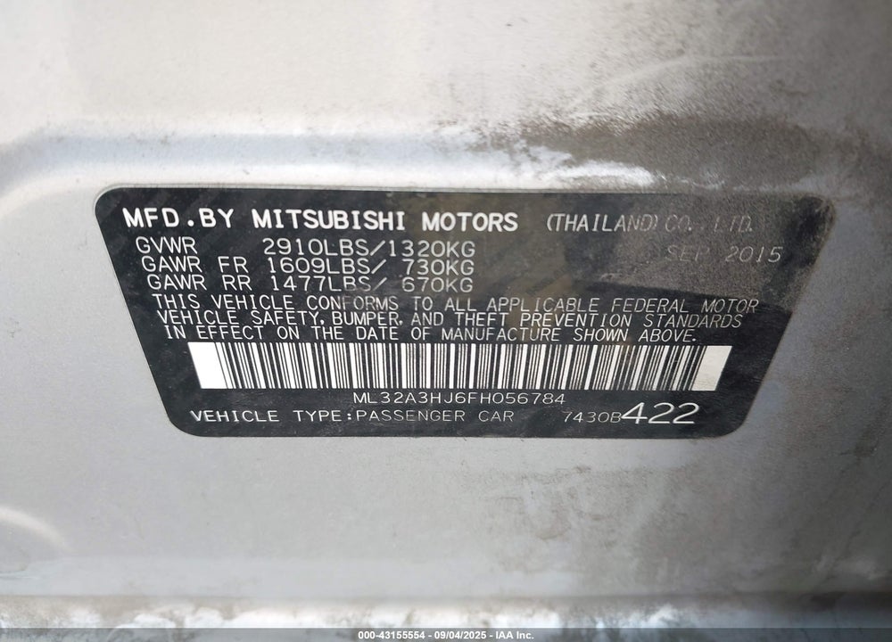 2015 MITSUBISHI MIRAGE VIN: ML32A3HJ6FH056784
