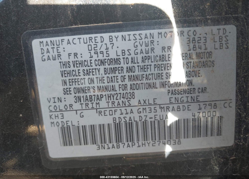 2017 NISSAN SENTRA VIN: 3N1AB7AP1HY274038