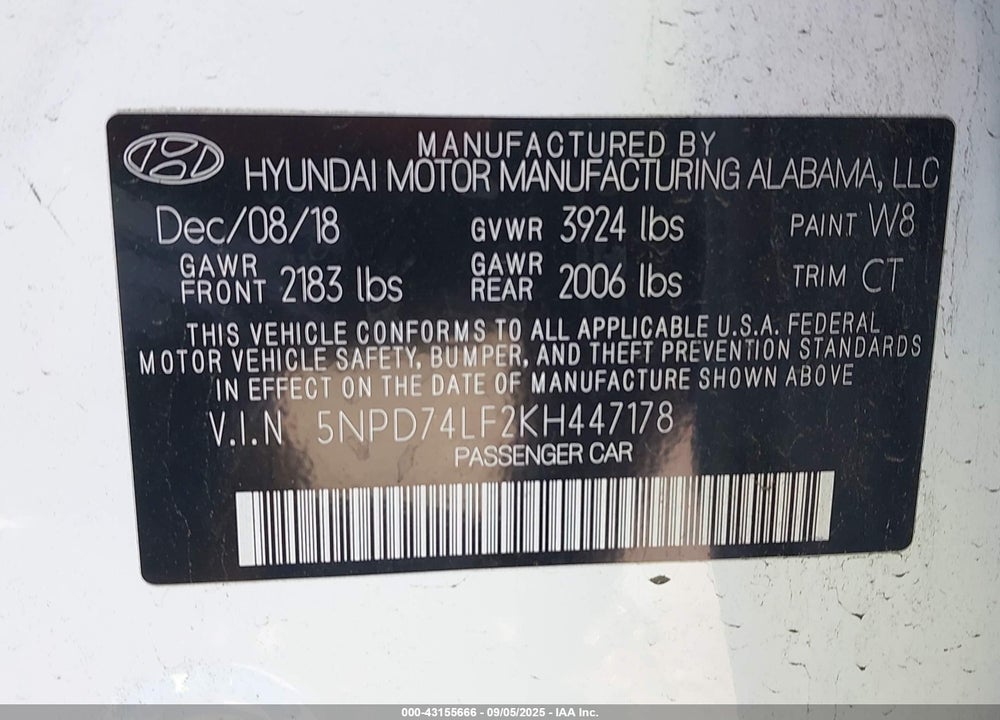 2019 HYUNDAI ELANTRA SE VIN: 5NPD74LF2KH447178
