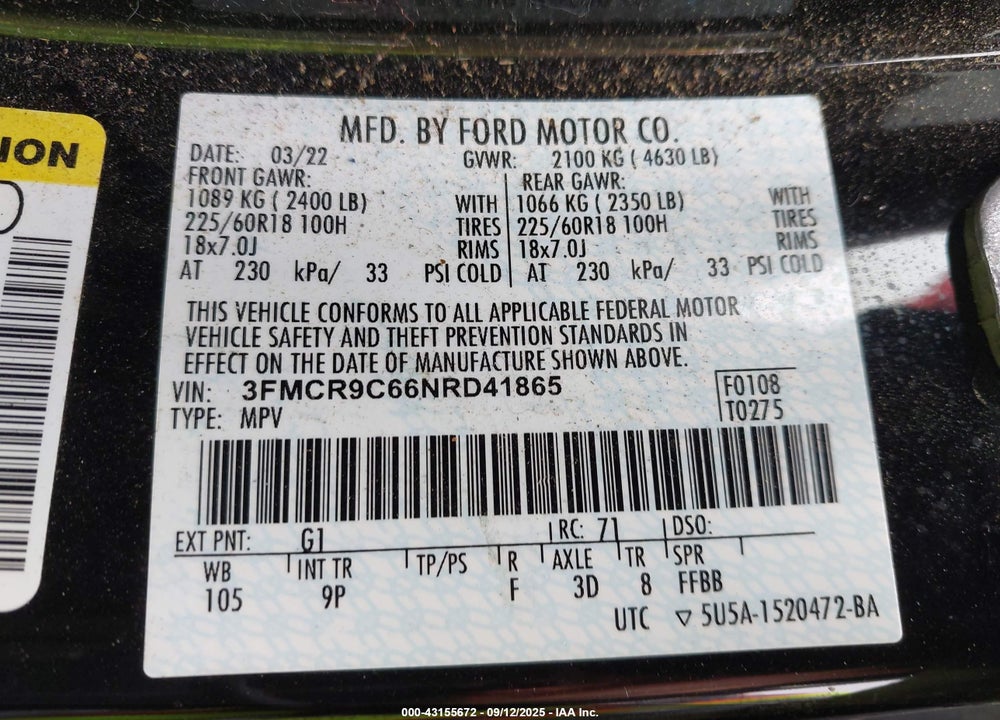 2022 FORD BRONCO SPORT OUTER BANKS VIN: 3FMCR9C66NRD41865