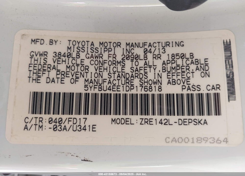 2013 TOYOTA COROLLA S VIN: 5YFBU4EE1DP176818
