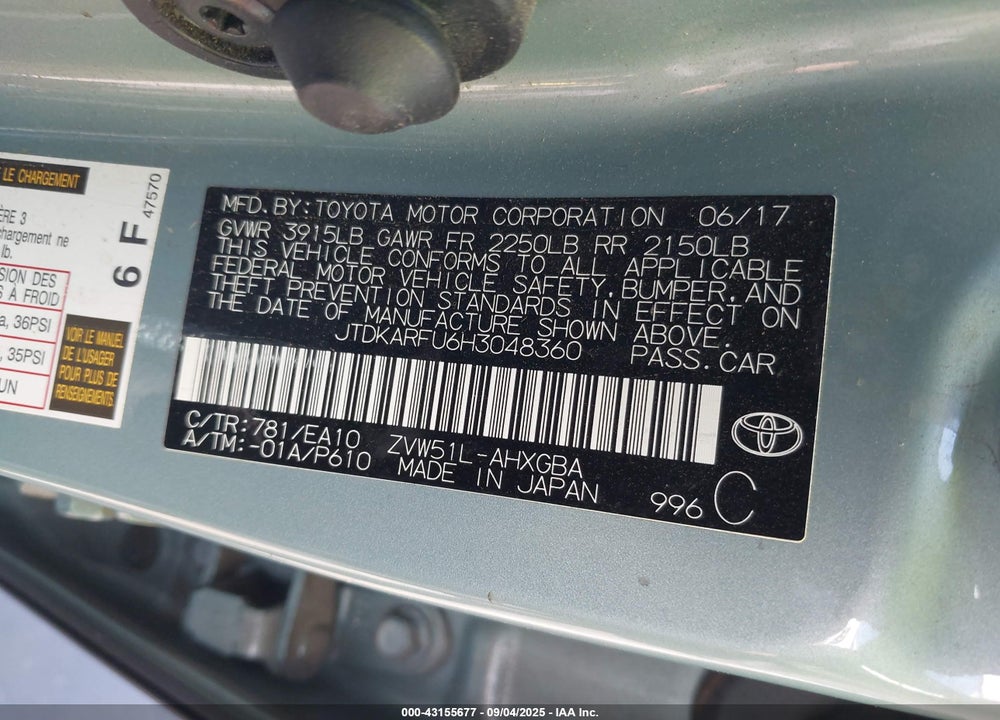 2017 TOYOTA PRIUS VIN: JTDKARFU6H3048360