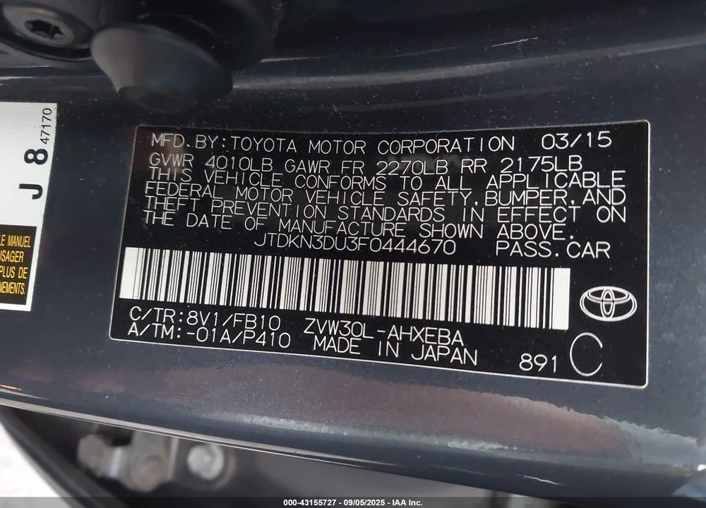 2015 TOYOTA PRIUS VIN: JTDKN3DU3F0444670