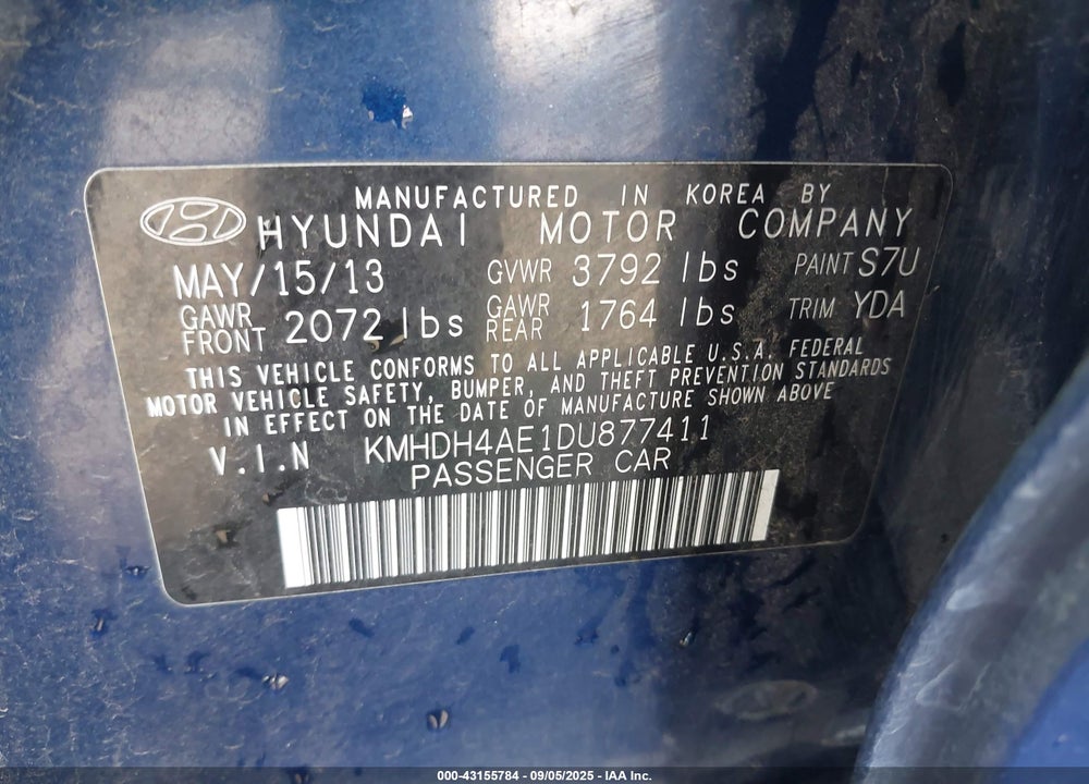 2013 HYUNDAI ELANTRA VIN: KMHDH4AE1DU877411