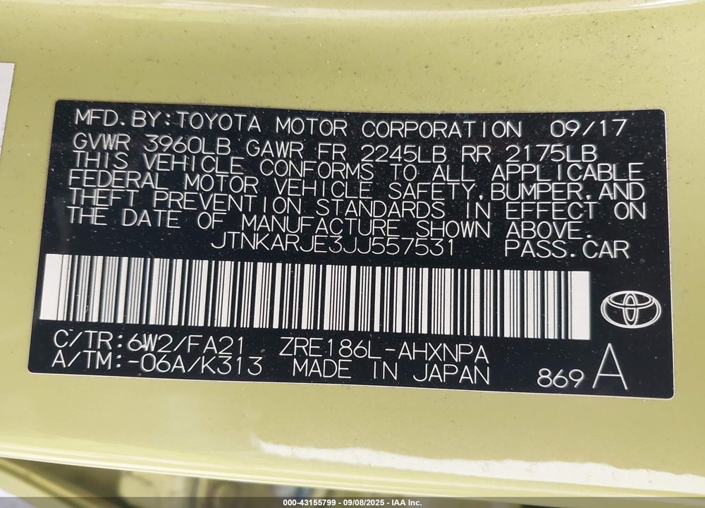 2018 TOYOTA COROLLA VIN: JTNKARJE3JJ557531