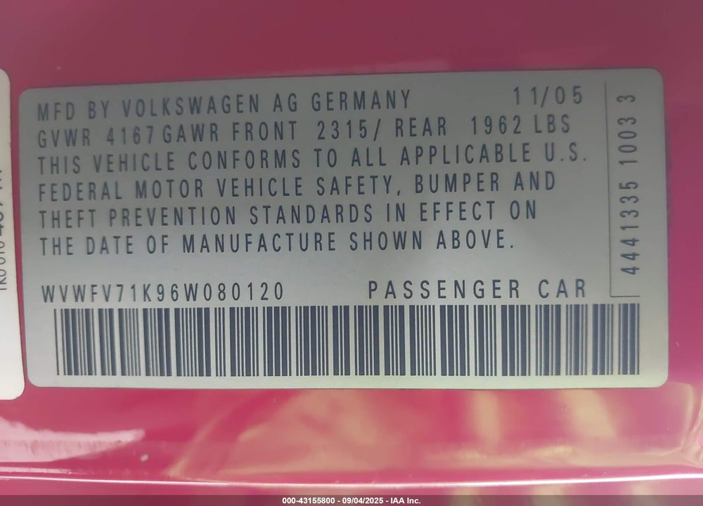 2006 VOLKSWAGEN GTI 2-DOOR VIN: WVWFV71K96W080120