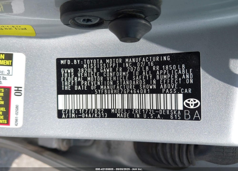 2016 TOYOTA COROLLA VIN: 5YFBURHE7GP464081