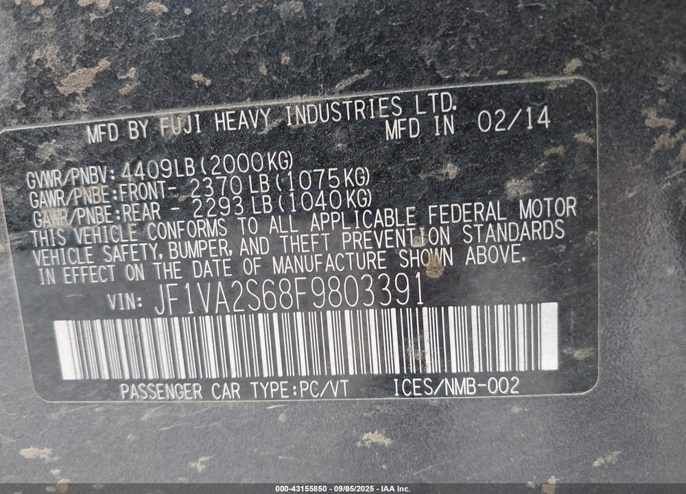 2015 SUBARU WRX VIN: JF1VA2S68F9803391