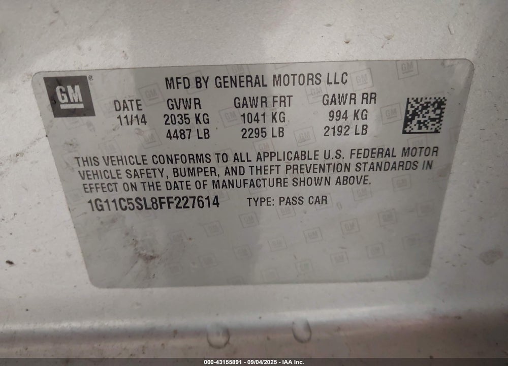 2015 CHEVROLET MALIBU VIN: 1G11C5SL8FF227614